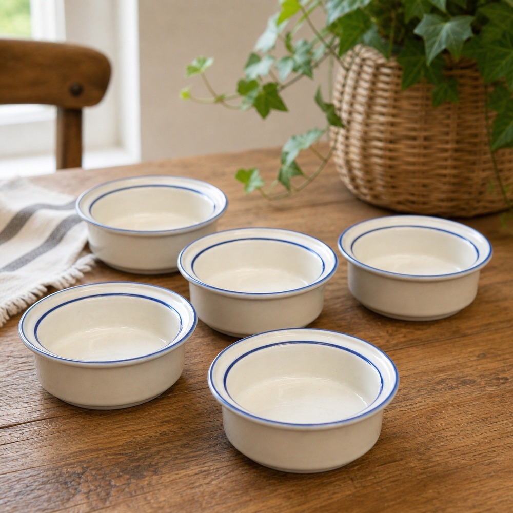 Dansk International Designs Denmark Blue Rim Cream Ramekins Set of 5 Small Bowls